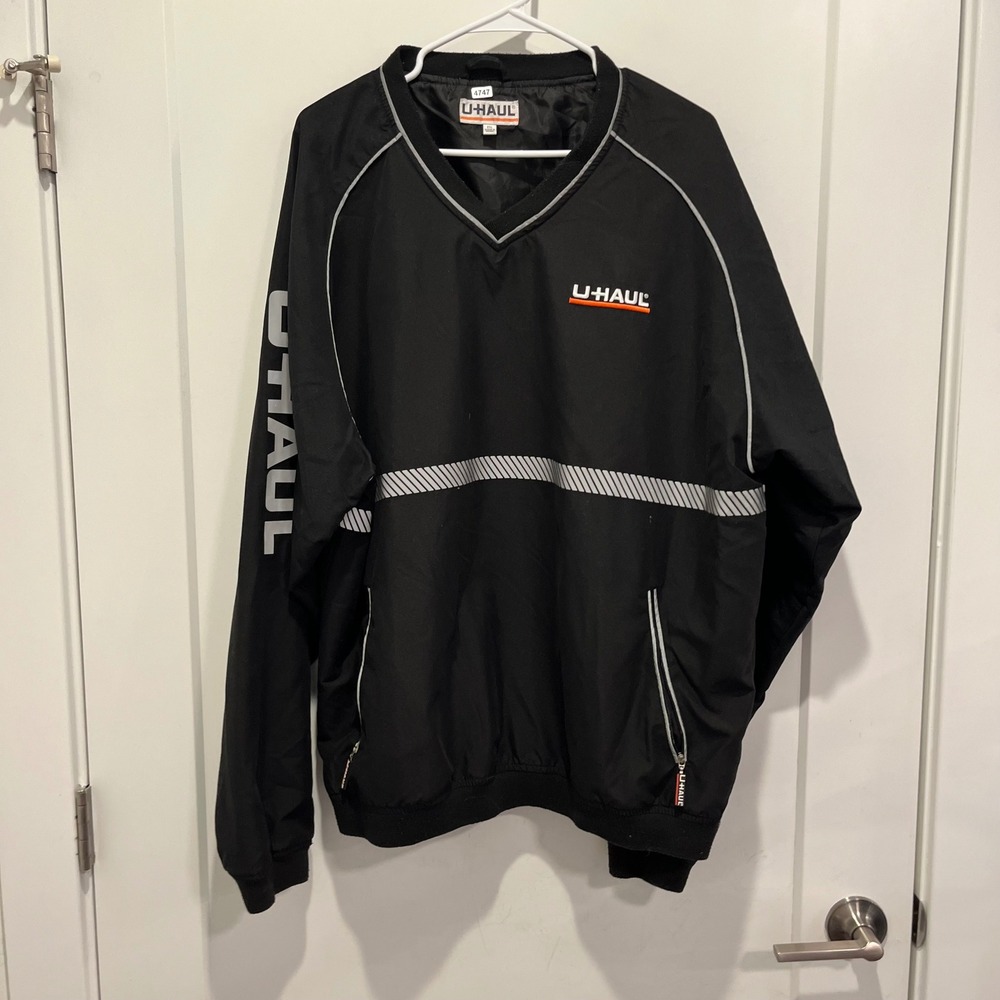U-Haul Windbreaker Jacket Mens 2XL Black Reflective V-Neck Pullover Corporate